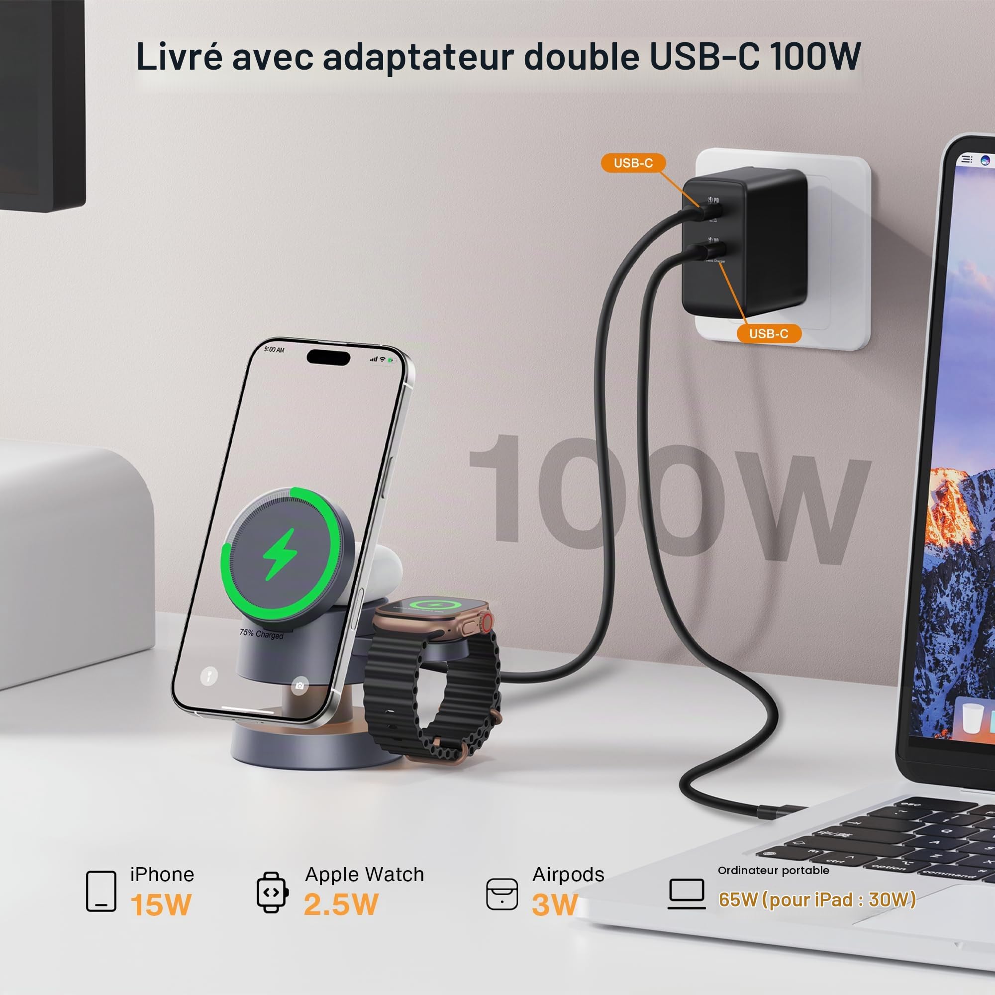 iVANKY 5 en 1 Chargeur sans Fil pour iPhone Station de Recharge veilleuse