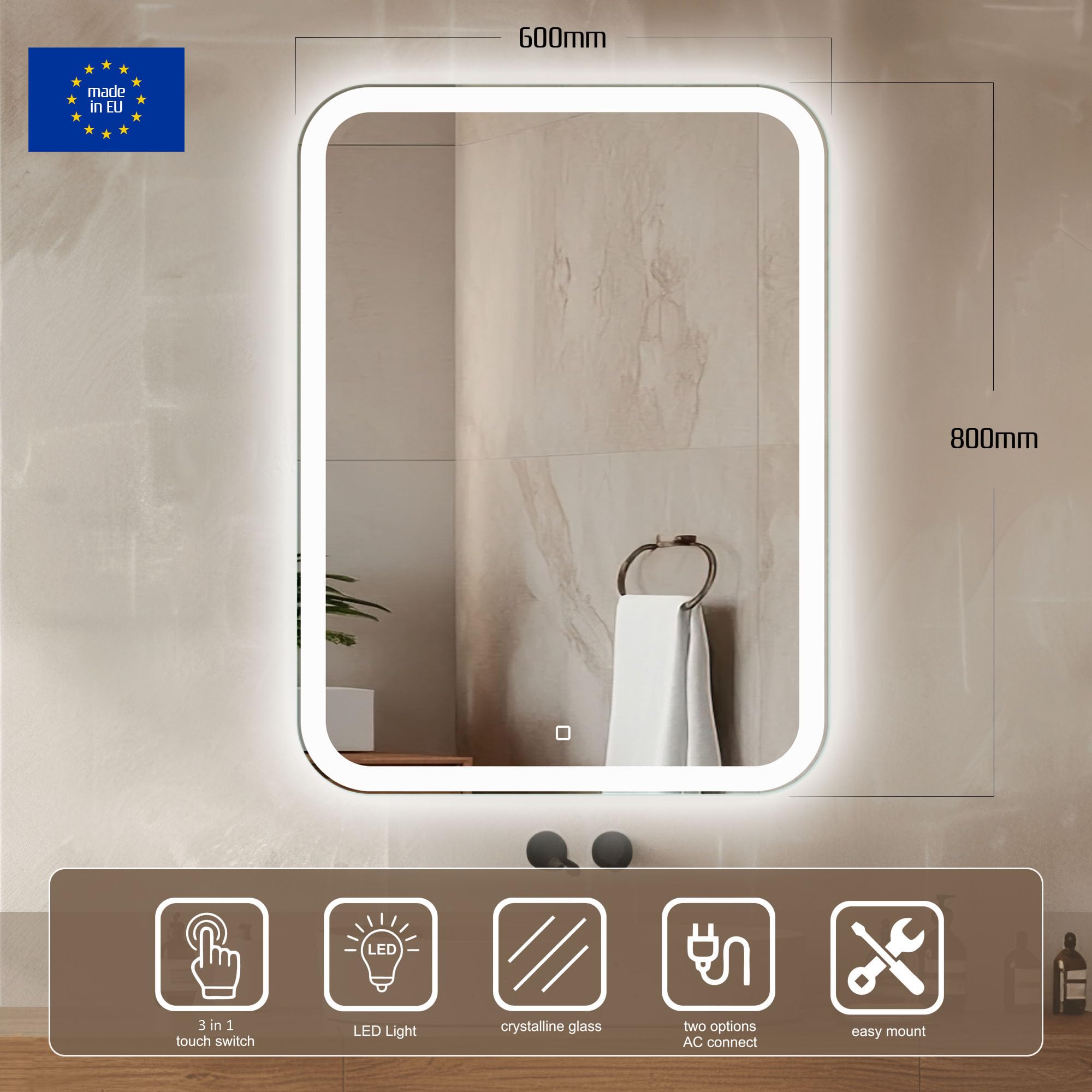 Venti Prostokątne Lustro Łazienkowe LED 60x80cm, Lustro ścienne z oświetleniem LED, Naturalne Białe Światło, Zaokrąglone rogi, Podświetlane z przodu