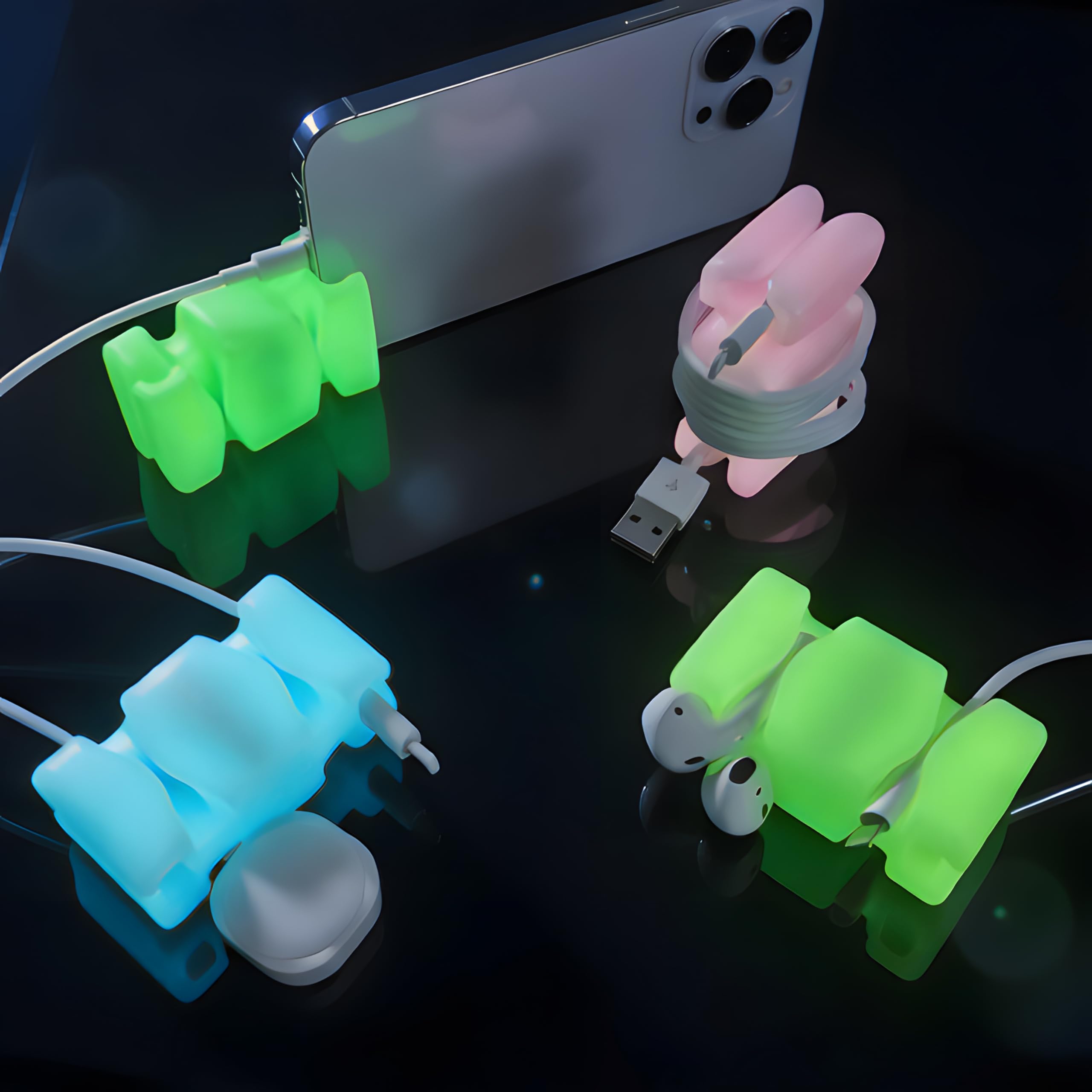CordBrick 4PK Glowing Silicone + Steel Weighted Cable Holders for Nighstands, Cord Wraps for Travel, Unique iPhone Accessories. Small Graduation Gift for High Schoolers. Gadget for Teens. Asst Glow