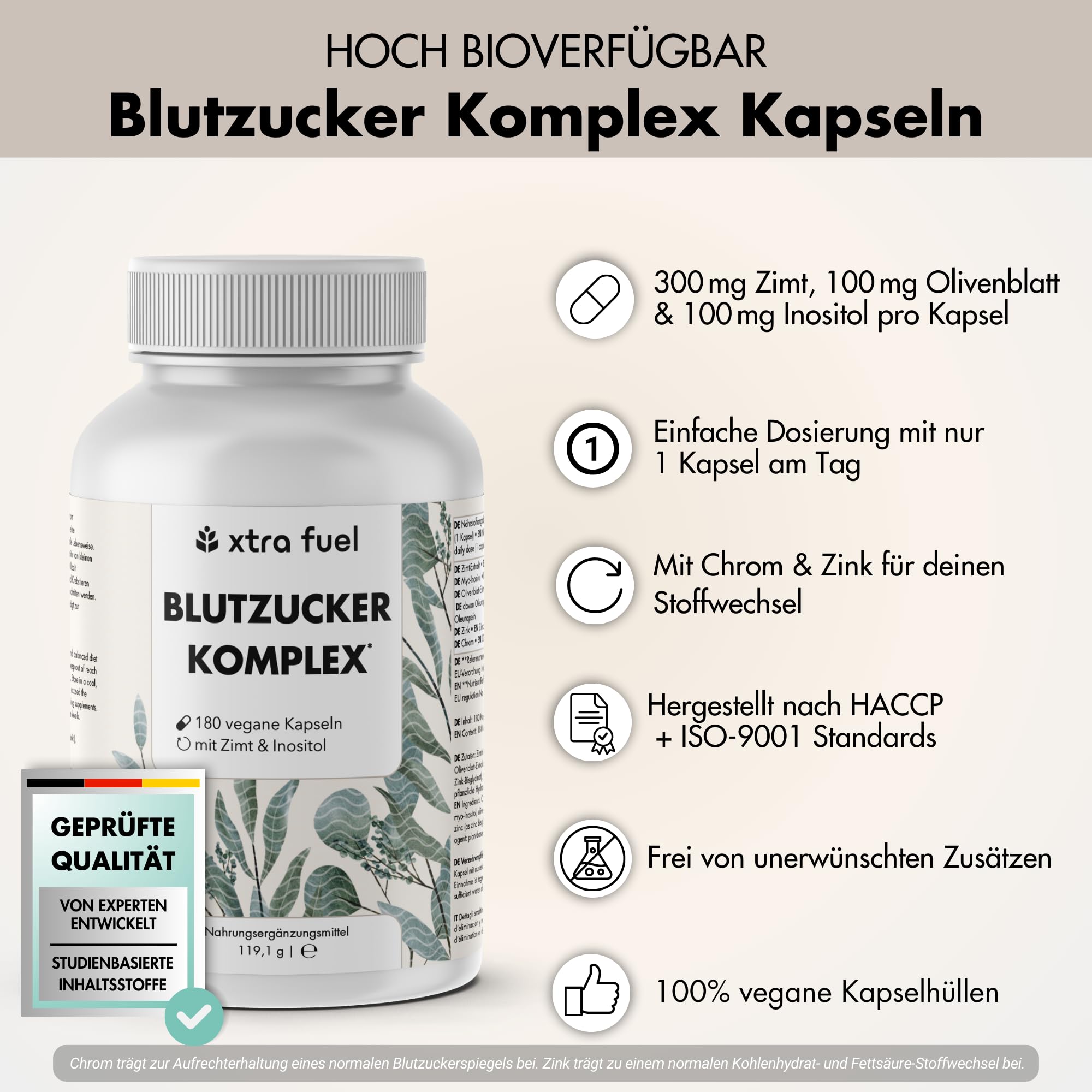Blutzucker Komplex - 360 Kapseln hochdosiert - mit Chrom, Ceylon-Zimt, Myo-Inositol, Olivenblatt und Zink - zur Unterstützung des Blutzuckerspiegels - vegan & laborgeprüft