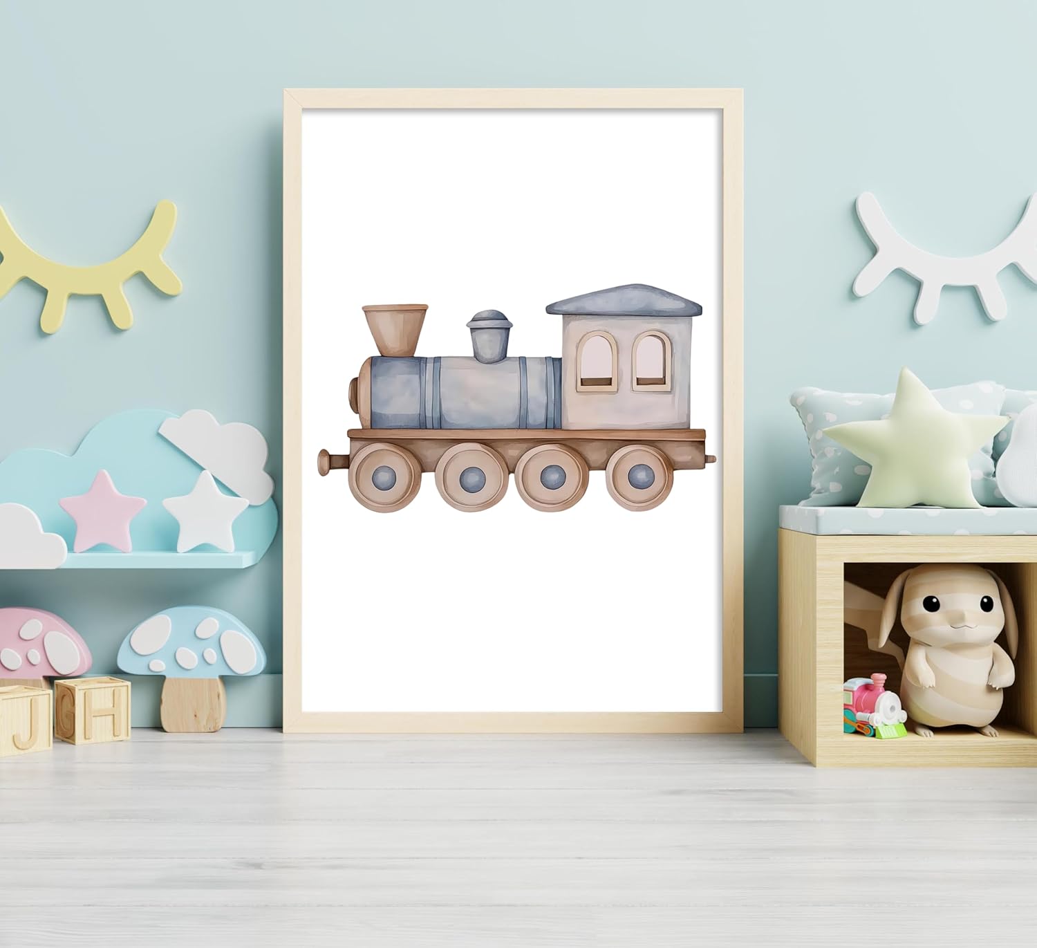 Vintage Baby Boy Nursery Wall Art Blue Transportation Car Airplane Painting Picture Wall Decor Toddler Vehicle Train Boat and Hot Air Balloon Poster Print Artwork for Kids Boys Room Bedroom Decorate