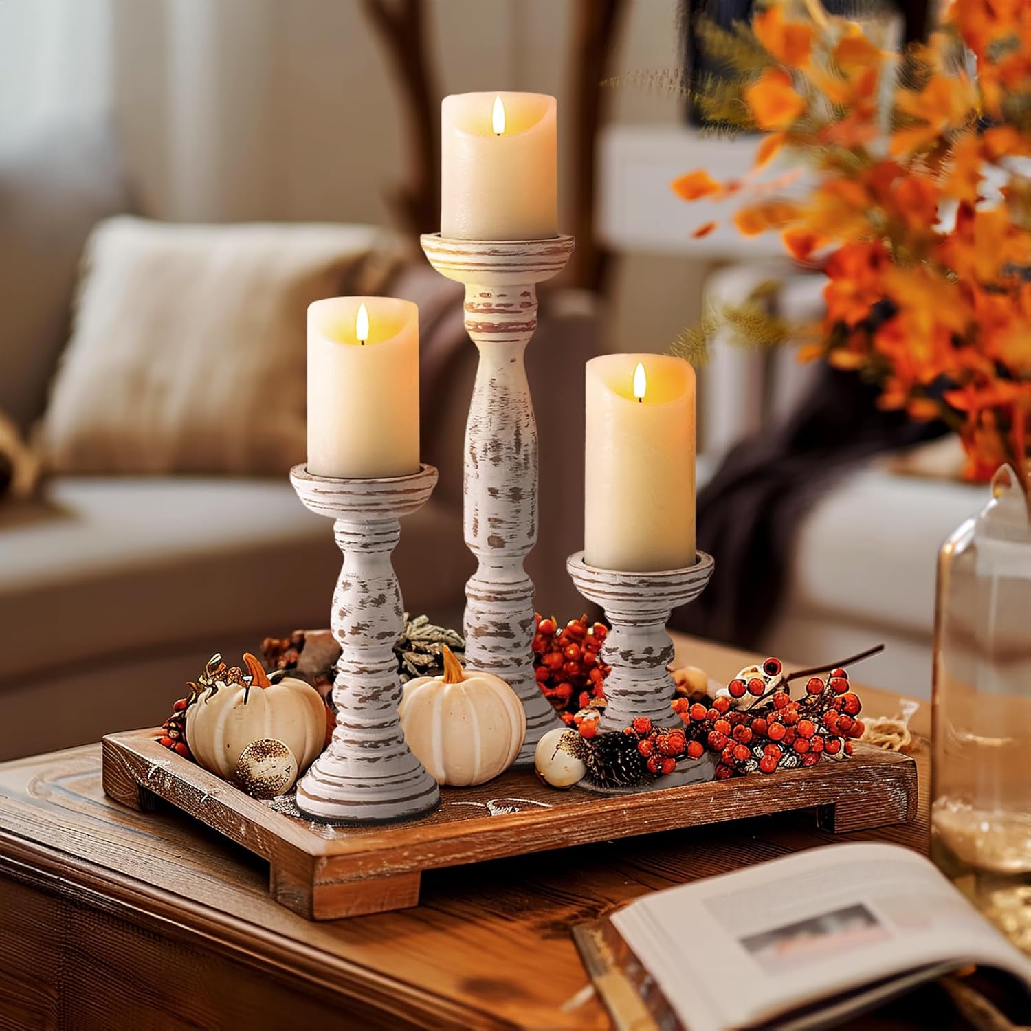 Homemory Farmhouse Wood Candle Holders for Pillar Candles Set of 3, Rustic Candle Holders for Table Centerpiece, 13" 9" 6" Vintage Tall Candle Stand Decorative for Dining Fireplace Living Room (White)