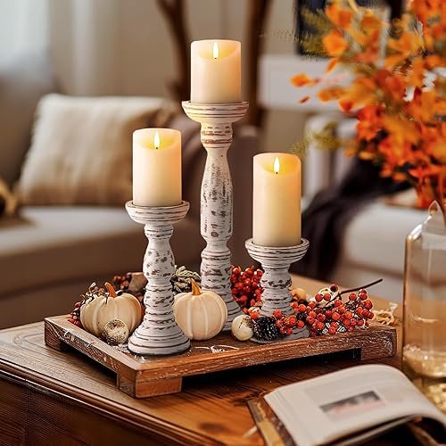 Miniatura 8 de Homemory Juego de 3 portavelas de madera de granja para velas de pilar, candelabros rústicos para centro de mesa, 13, 9, 6 pulgadas, vintage, alto,
