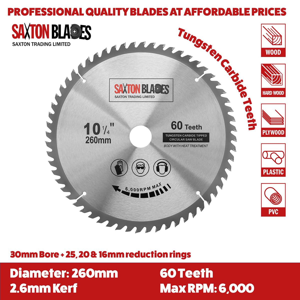 TCT260MXA 2x Saxton TCT lames de scie circulaire pour le bois 260 mm x 30 mm alésage for Bosch Makita Dewalt Pack A