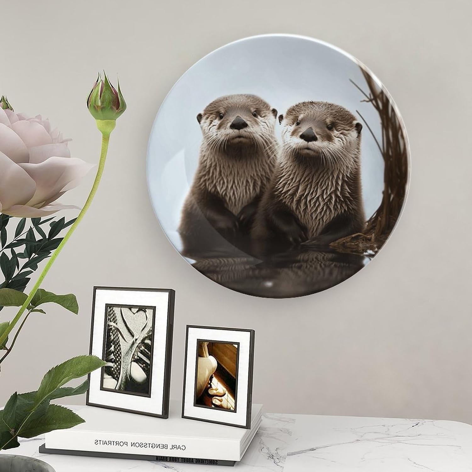 Cute Otter Bone China Decorative Plate with Display Stand, Ceramic Ornaments Plate for Wall Hanging, Personalized Porcelain Plates for Office, Living Room 8inch