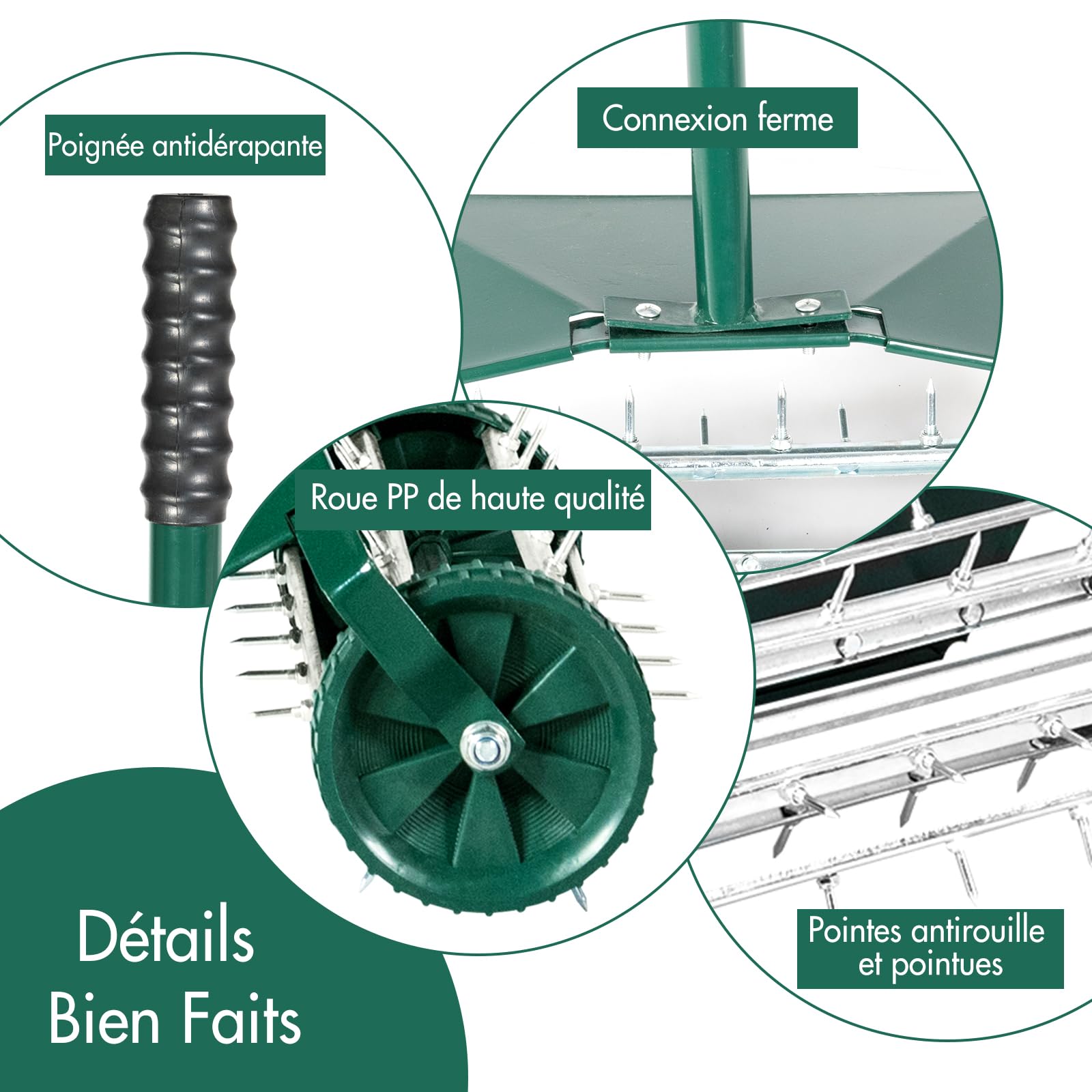 RELAX4LIFE Scarificateur de Gazon à roulettes avec Garde-Boue&Poignée, Aérateur de Pelouse en Métal avec Rouleau à Pointes Rotatives pour Jardin Cour Patio, Vert