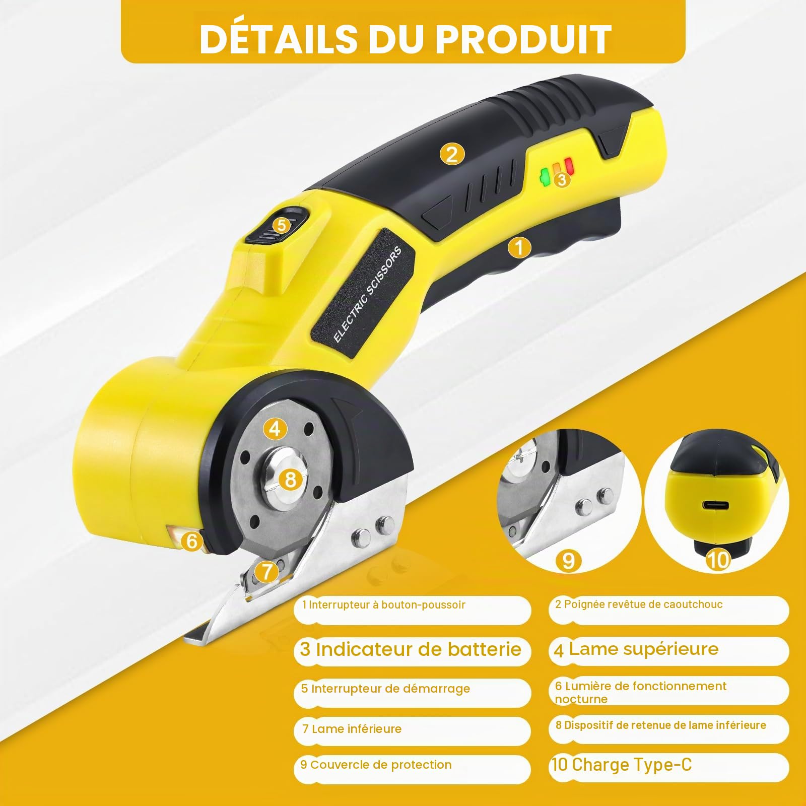 Ciseaux Électriques sans Fil, Coupe Carton Électrique 4 V Ciseaux Couture Électrique Rechargeable, Ciseaux Electrique Tissu Couture, Cutter Rotatif pour Tissus,Cuir,Moquette,Carton,Plastique