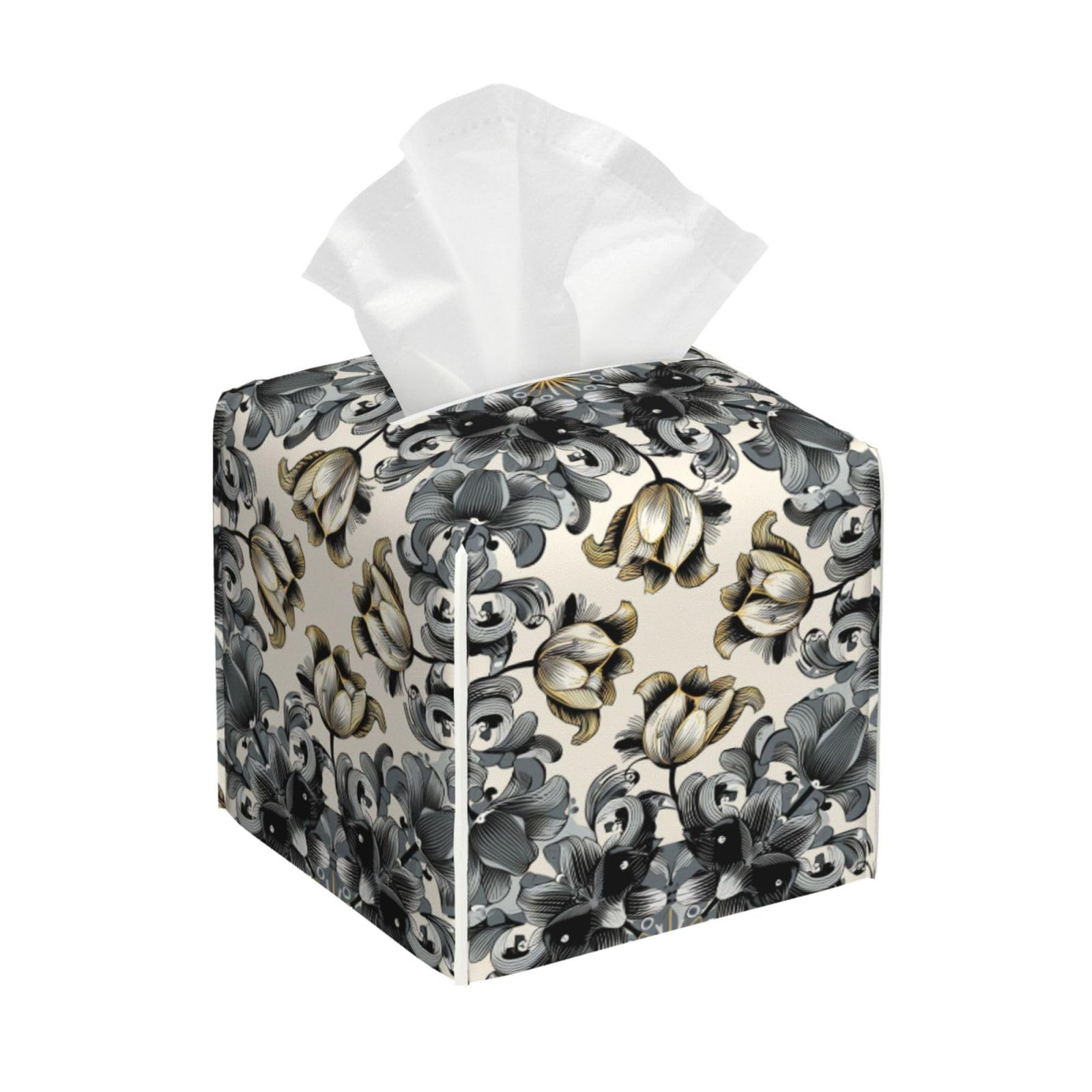 Decorative Square Tissue Box Cover, Floral Pattern, Black and Gray Roses, PVC Leather, Waterproof Lightweight, Tissues Holder with Storage (Royal Black C)