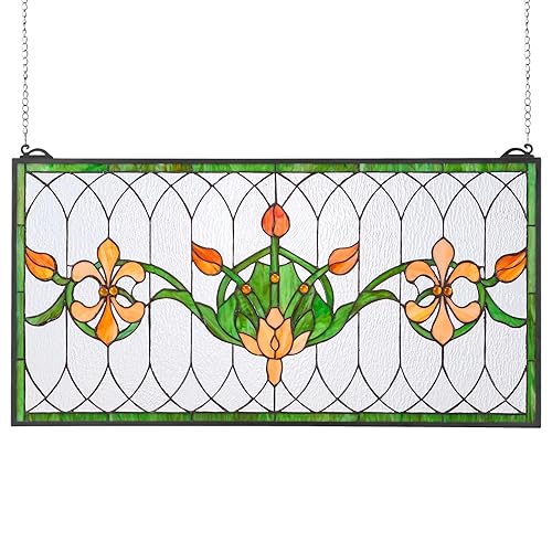 VEVOR Stained Glass Window Panel, 32 x 17 in, Tiffany Style Hanging Transom Window Panel with Chain, Large Horizontal Rectangle Stain Glass, Vintage Traditional Art Handcrafts for Kitchen Home Decor - 32 x 17 in