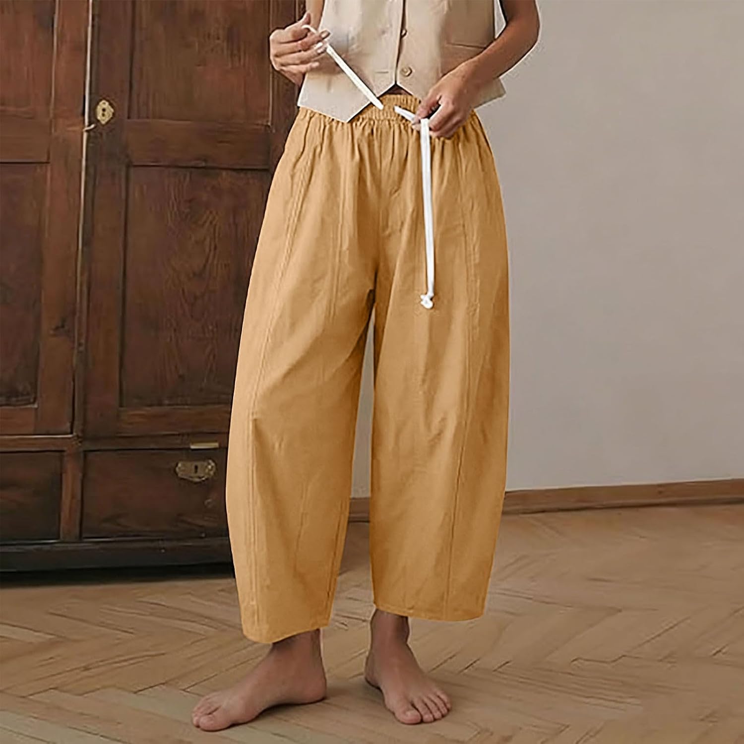Cotton Linen Barrel Pants for Women High Waisted Wide Leg Pant Summer Casual Baggy Cropped Trousers with Pockets