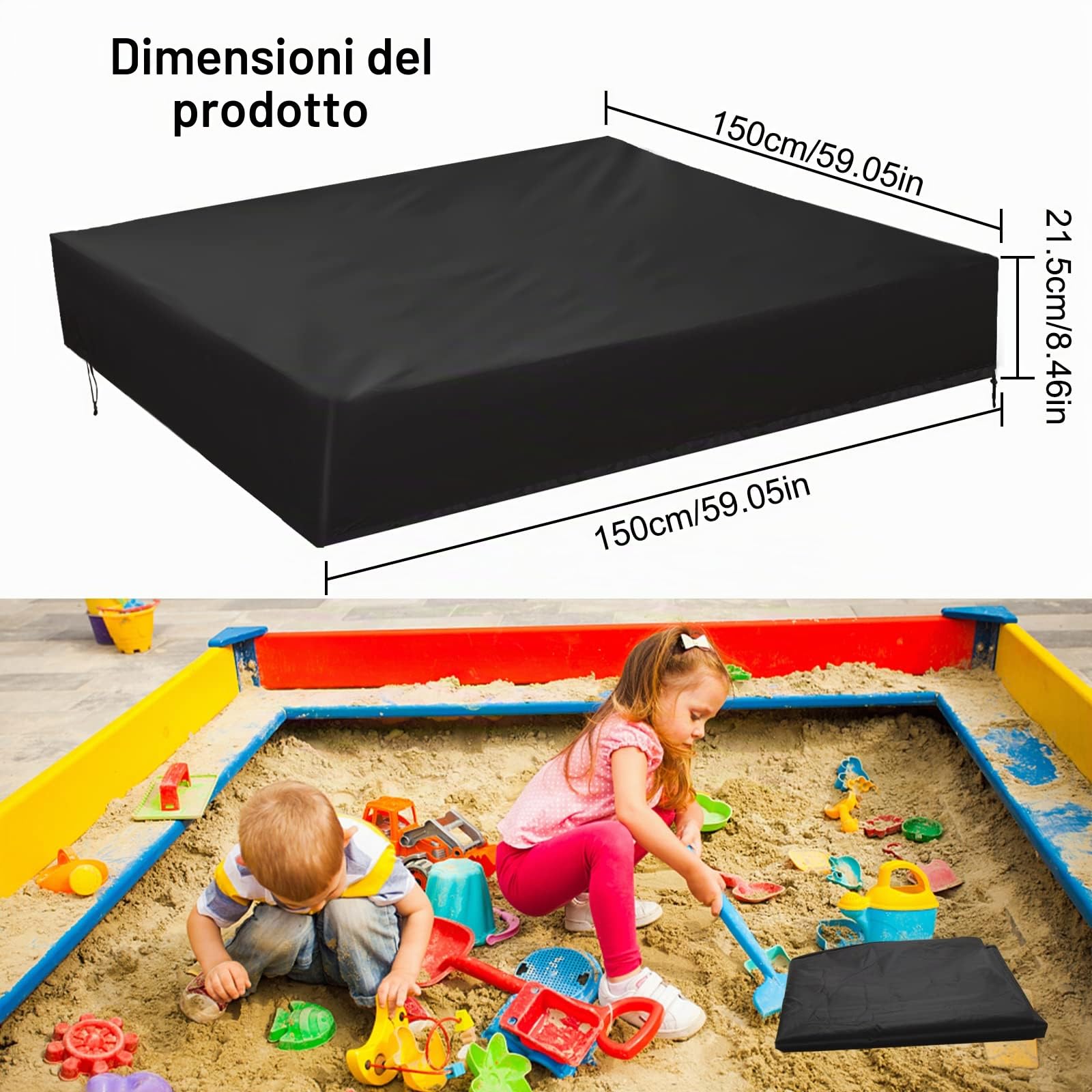 Copertura Sabbiera Impermeabile, 150 * 150cm Telo per Sabbiera Giocattoli Protezione in Tessuto Oxford, Copertura Antipolvere con Coulisse, per Bambini Sabbiera, Piscina, Giardino (Nero)