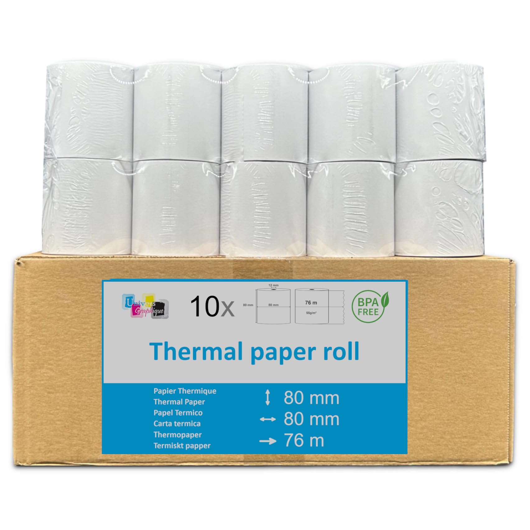 Bobine Papier Thermique SANS BISPHÉNOL 80 x 80 x 12 mm pour Ticket de Caisse Imprimante Thermique