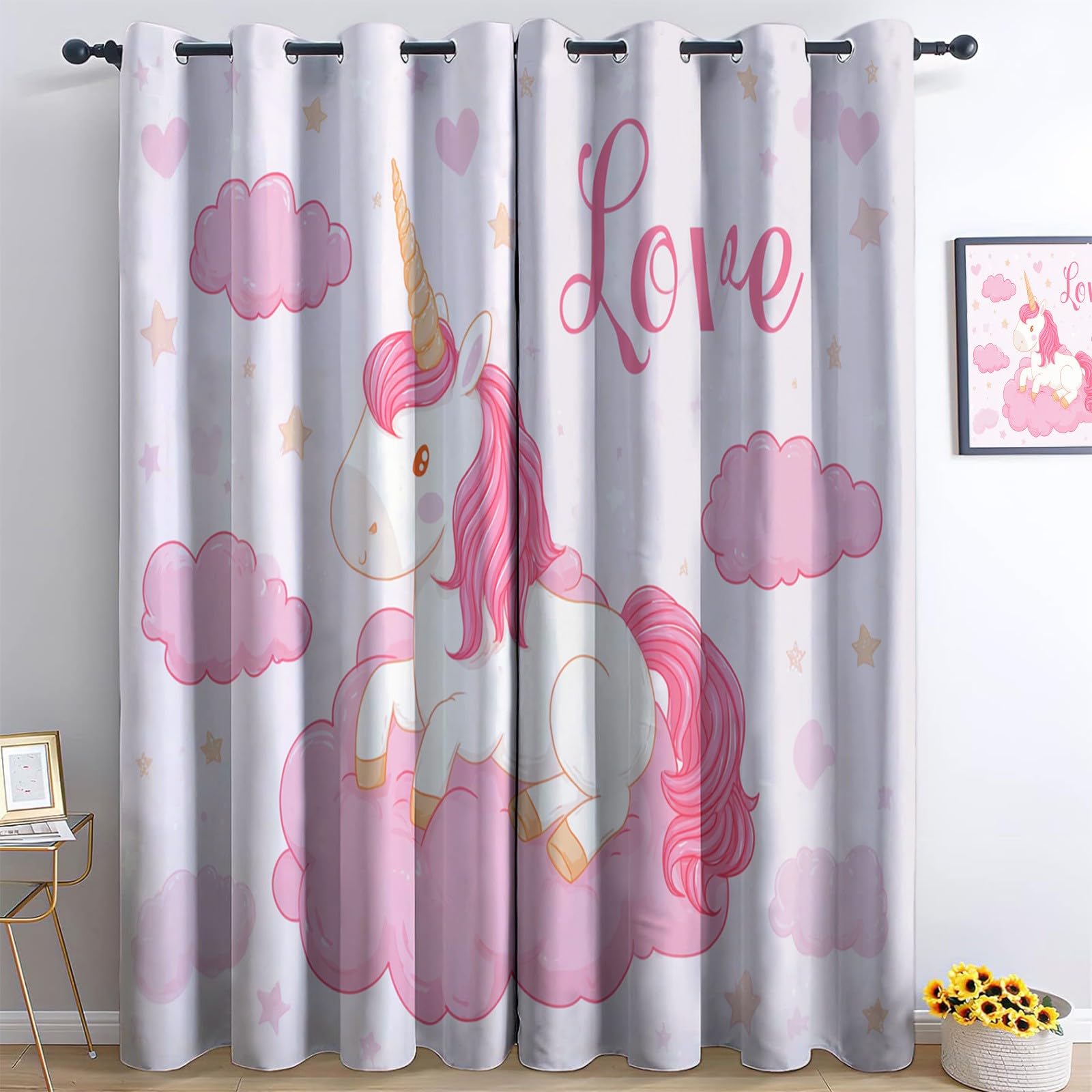 Pink Blackout Curtains 46” W x 54” L x 2 for Bedroom and Living Room, Soft Cartoon Unicorn Clouds Opaque Thermal Insulated Curtains, Eyelet Light Blocking Window Drapes
