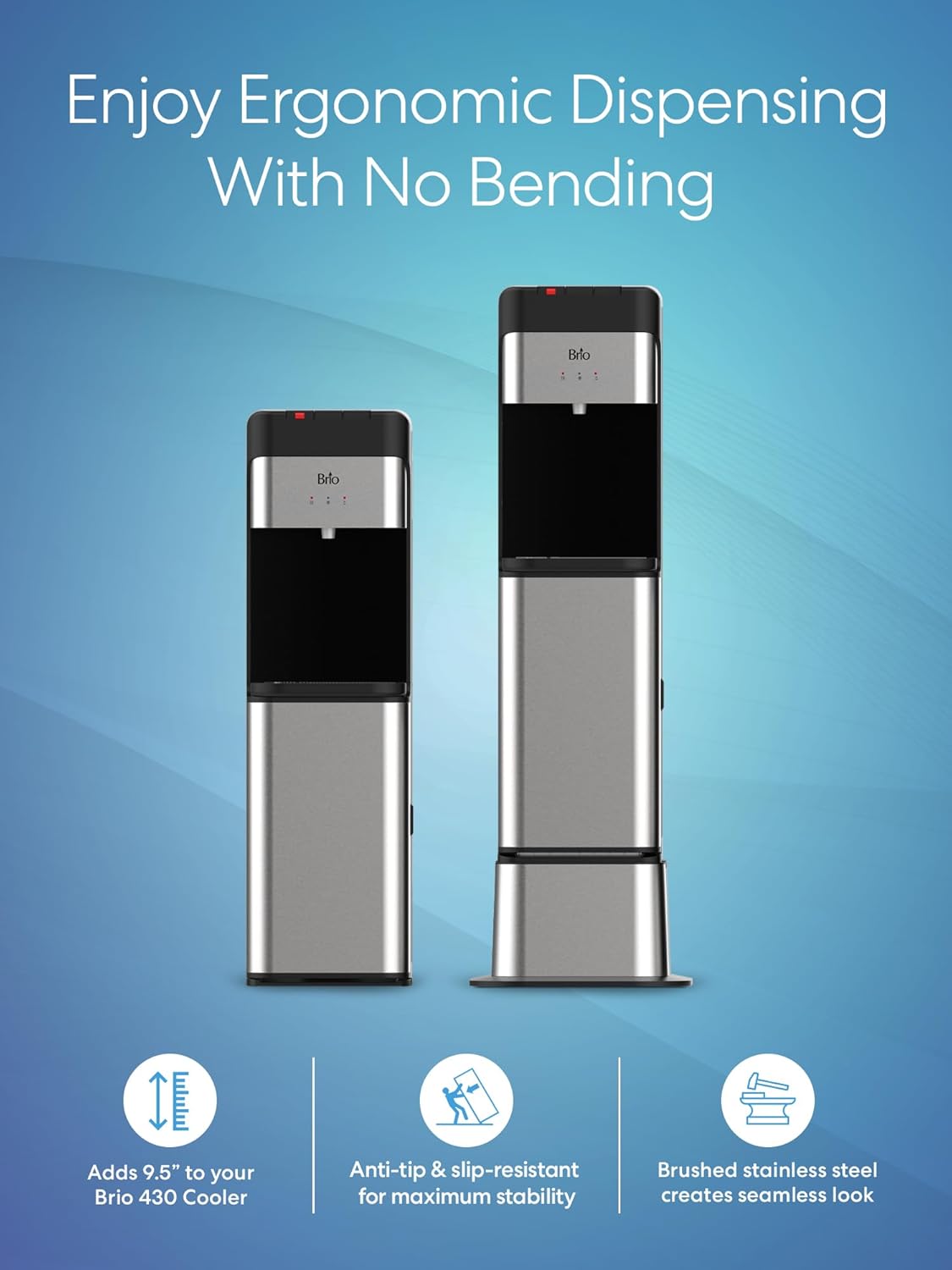 Brio Water Cooler Dispenser Base for Brio 430 Water Cooler Series, Pedestal-Style Height Extender, Stainless Steel