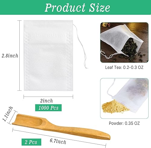 Miniatura 2 de 1000 bolsas de té desechables para té de hojas sueltas, infusor de té vacío con cordón con 2 cucharas de té, bolsas de filtro de té de material