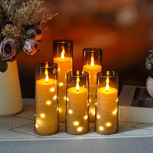 Miniatura 9 de Obrldpao Velas sin llama, funcionan con pilas, 5 velas LED acrílicas parpadeantes con control remoto, con cadena de estrellas incrustada, vela de