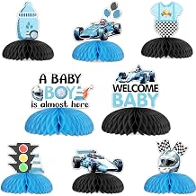 8 Pieces Vintage Blue Race Car Baby Shower Honeycomb Centerpieces - A Baby Boy is Almost Here Table Decorations, Double Sided Racing Car Table Toppers for Pregnancy Celebration Newborn Party