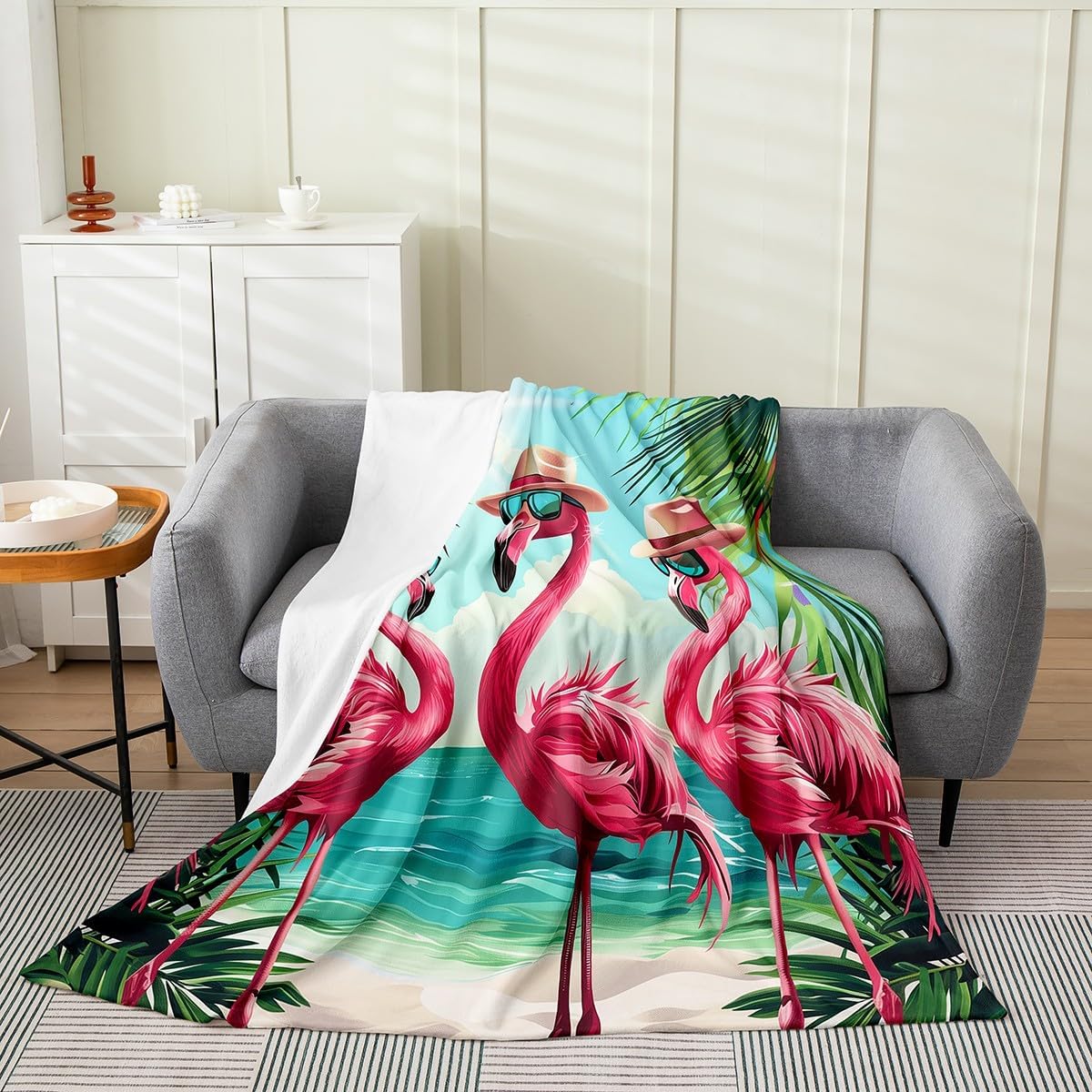 Erosebridal Flamingos Queen 90x90 Blanket, Sunglasses Blue Waves Throw Blanket, Palm Trees Tropical Hawaii Summer Holiday Style Fleece Blanket, Kawaii Animal Fuzzy Blanket for Teens, Pink