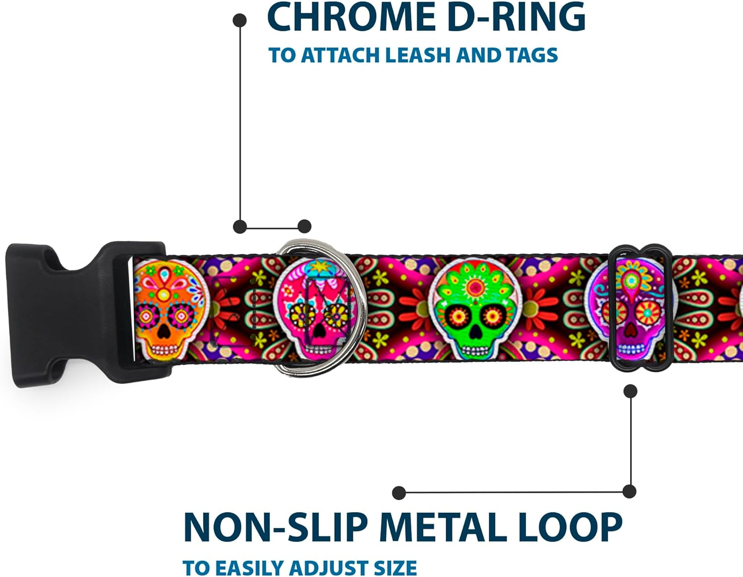 Buckle-Down Plastic Clip Collar - Six Sugar Skulls Multi Color - 1.5" Wide - Fits 13-18" Neck - Small