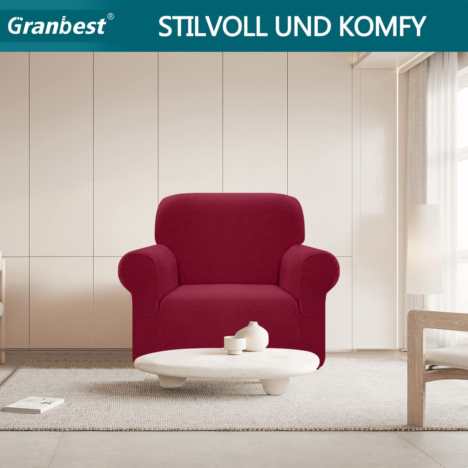 Granbest Copridivano Impermeabile Monopezzo Alto Elasticizzato Copridivano 1 Posti AntiGraffio Antiscivolo Divano Protector Tessuto Jaquard Spandex(1 Posti,Vino)