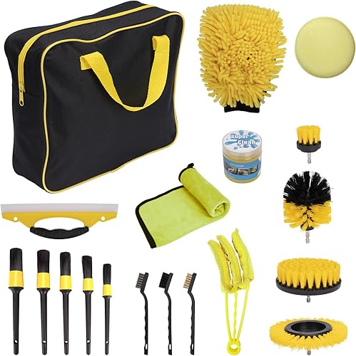 Juego de 20 cepillos para automóvil, color amarillo, duradero, kit de detallado interior de automóvil con juego de cepillos de taladro, herramienta