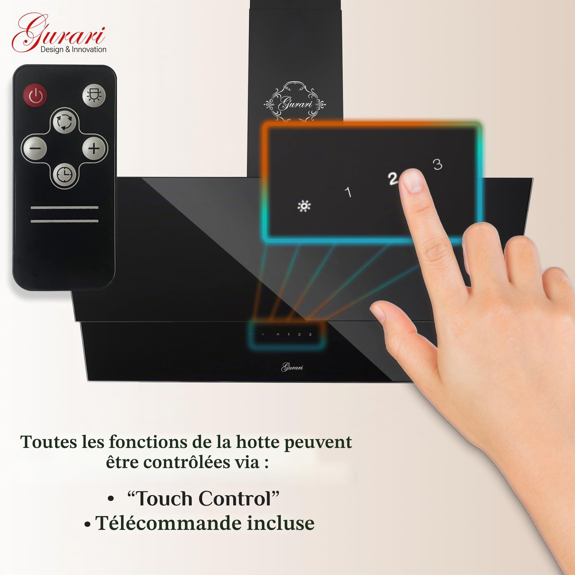 Hotte Murale 90 cm GURARI GCH D 268 9 Prime/Hotte aspirante Noire classe A 1000 m³/h avec Télécommande/Hotte de Cuisine avec Evacuation ou Recyclage/Hotte Inclinée avec Filtre à Charbon