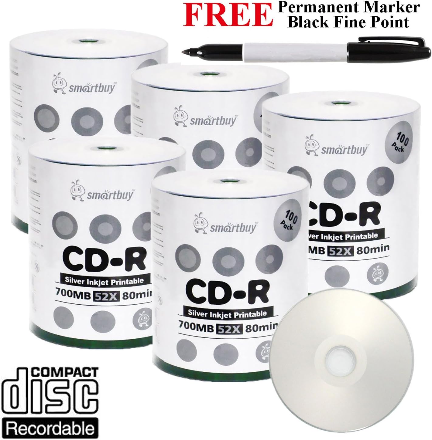 Smartbuy 500-disc 700mb/80min 52x CD-R Silver Inkjet Hub Printable Blank Media Disc + Black Permanent Marker