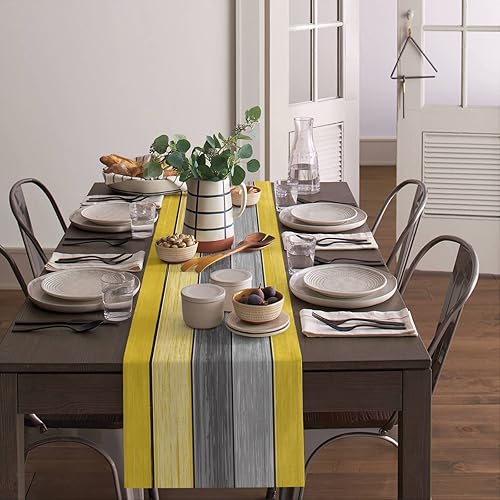 Miniatura 302 de Camino de mesa de algodón y lino estilo granja rústico retro, textura de madera de granero, color degradado marrón y gris, antideslizante,