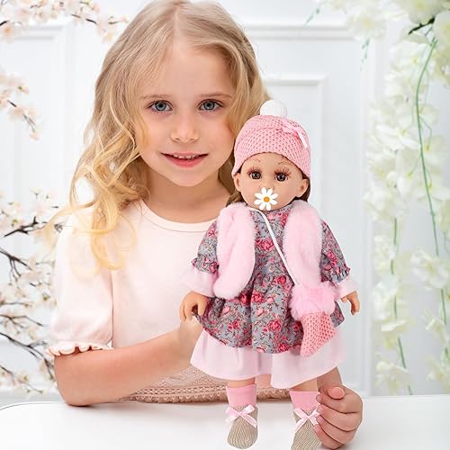 Miniatura 4 de Ropa de muñeca de bebé de 15 pulgadas, color rosa, 5 piezas, adecuada para muñecas de 12, 13, 14, 15, 16 pulgadas, abrigo de moda, gorro de punto y