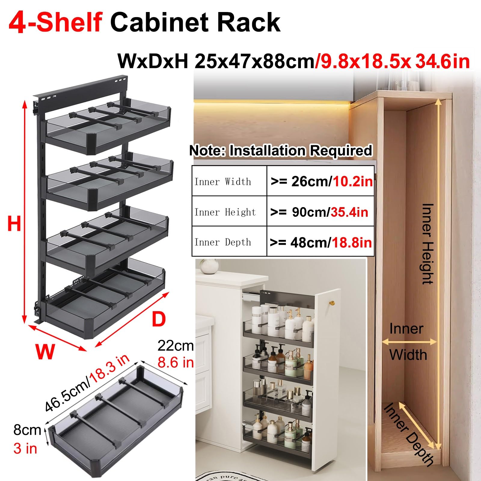 Scaffale sottile da cucina estraibile per armadi, soluzione di archiviazione scorrevole per bagno e comodino, mensola a 4 ripiani (25 x 47 x 88 cm)