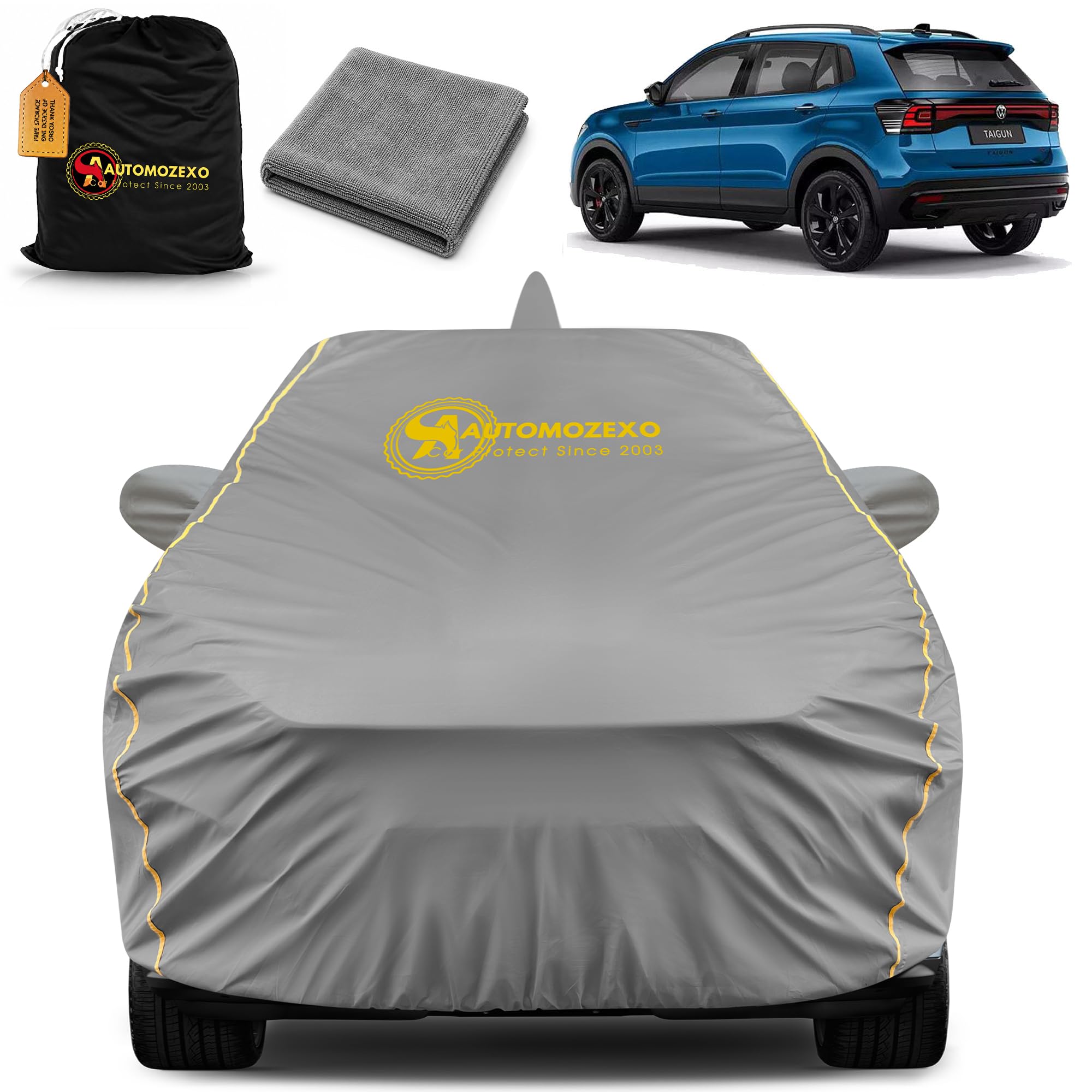 AUTOMOZEXO Volkswagn Taigun Car Cover with Mirror & Antena Pocket Waterproof Inner Cotton Layer Adjustable Belt Bottom Elastic Triple Stitched Cover to Secure fit and Protect from All Climates (Grey)-image-39