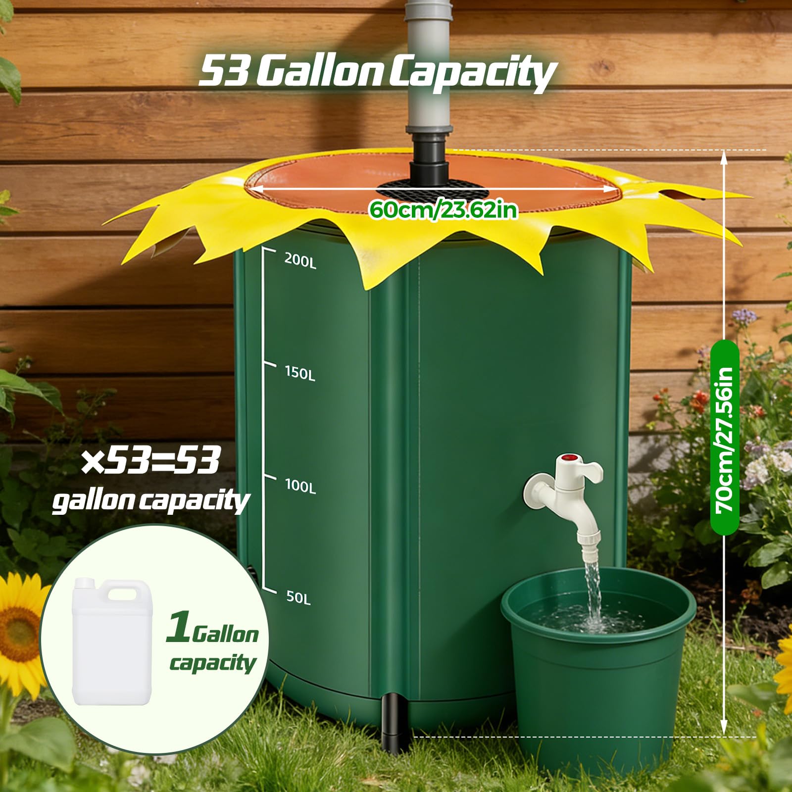 Regentonne pliable 200 litres, forme de fleur, réservoir d'eau de pluie avec robinet, tonne à eau de pluie résistante à l'eau avec embout et kit de débordement, réservoir d'eau de jardin pour