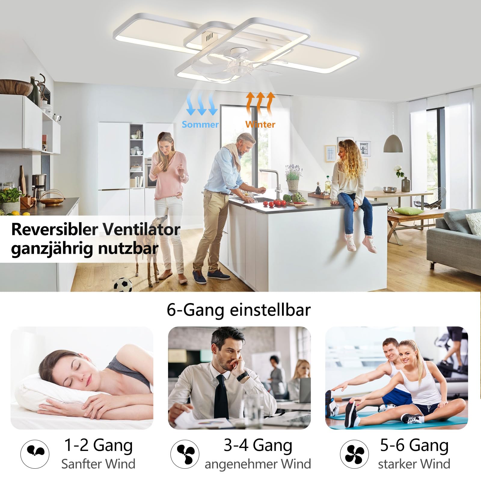 Modern Plafondventilator met verlichting met afstandsbediening, LED 72W Dimbaar Ventilator plafond licht Plafondventilatorlamp voor Woonkamer Slaapkamer Keuken, 6 snelheden, Wit 100cm