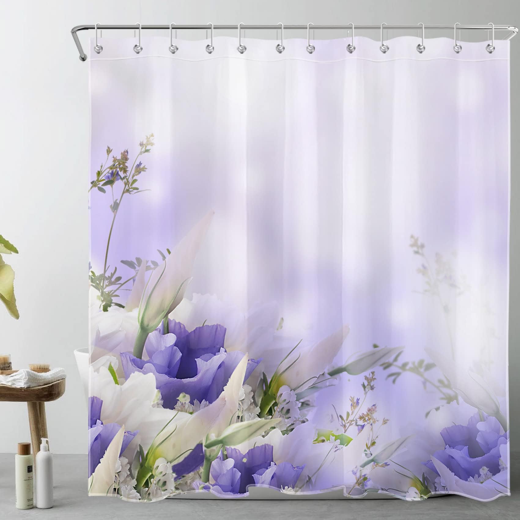 LB Pastel Flower Shower Curtain Purple Floral Bouquet Ombre Background Shower Curtains for Bathroom Washable Waterproof Fabric Shower Curtain Set with Hooks,72x72 Inches