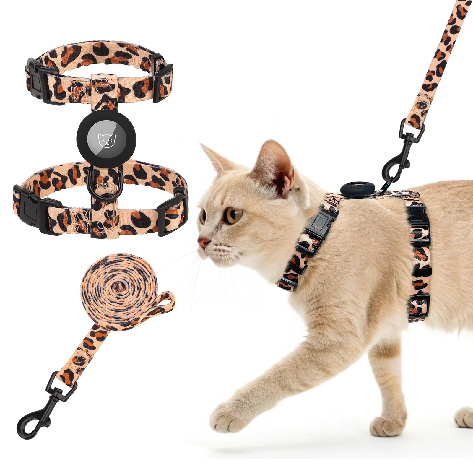 SCENEREAL Ensemble harnais et laisse réglables pour chat avec support AirTag, design anti-fugue pour chats de petite et grande taille, harnais de voyage léger et doux, motif léopard kaki