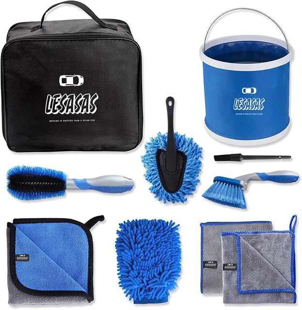 lesasas Car Cleaning Kit with Storage Bag, 9L Foldable Bucket, Detailing Brush Set 9 Pcs, 27cm Short Handle Wheel Brush, Microfiber Wash Mitt, Drying Towel for Dust Remove and Dirty Rim Washing, Blue
