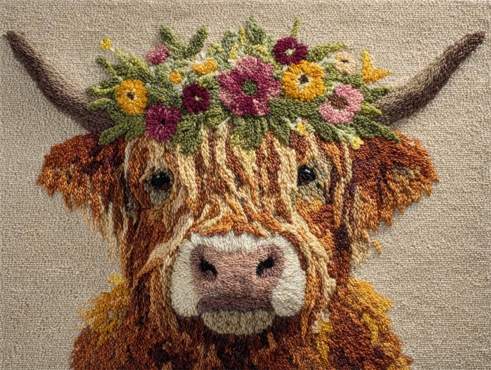FWRTYCB Latch Hook Carpet Kit Highland Cow Wearing A Flower Wreath 20X15Inch Rug Ma