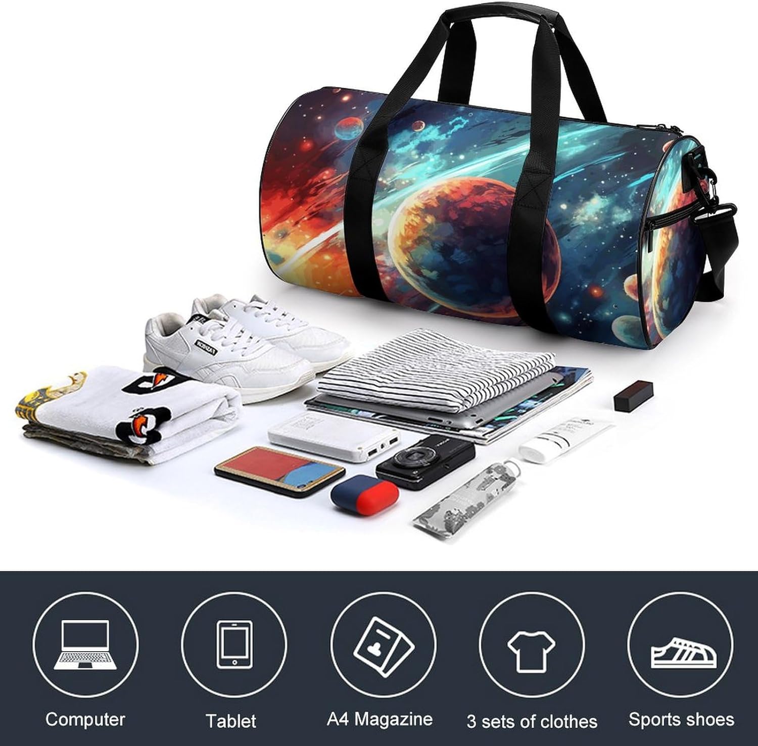 Painted Outer Space Sport Gym Duffle Travel Bag for Women Men Overnight Weekender Bag with Shoe Compartment,Wet Pocket