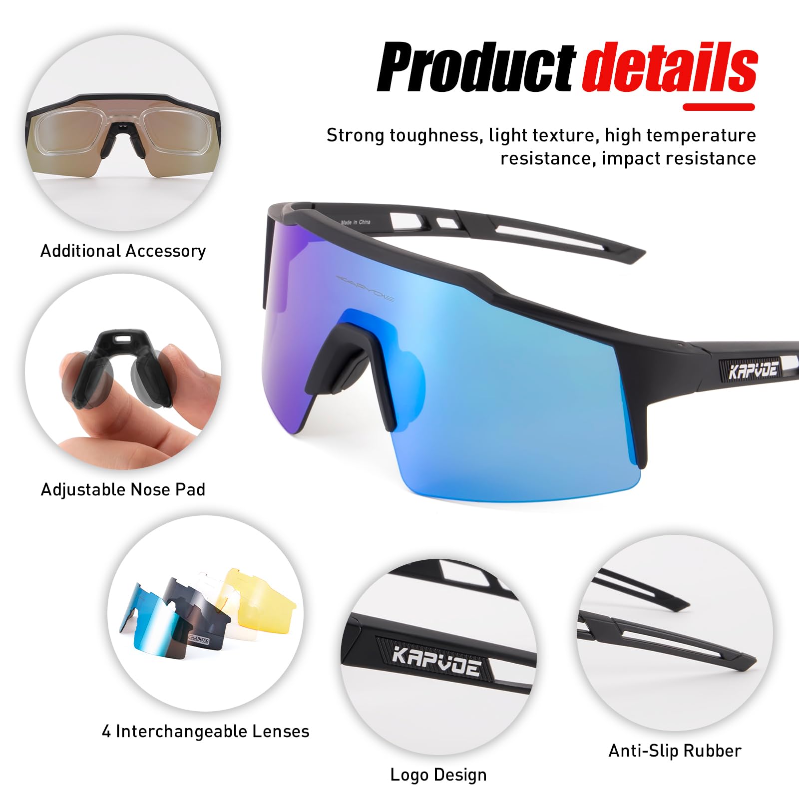 KAPVOE Polarisiert Fahrradbrille mit 1 Linse oder 4 austauschbare Linse TR90 Rahmen für Herren Damen Sport MTB Radfahren K9023