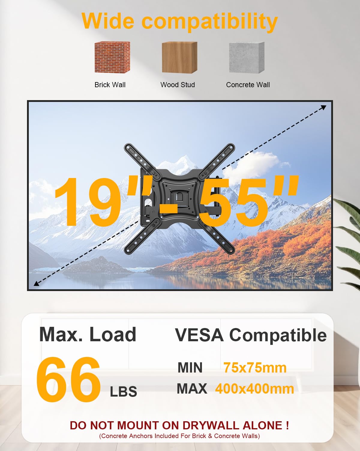 XVCAS Full Motion TV Wall Mount,vesa Monitor Mount Tv Brackets for 19-55 Inch LED LCD Flat Curved Screen TVs/Monitors,Universal Mount with Swivel and Tilt,Max VESA 400X400 mm, 66 lbs - 3