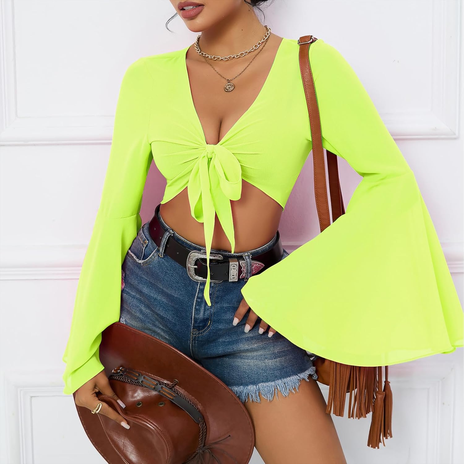 Mesh Tops for Women Bell Sleeve Rave Outfits Tie Front Crop Top Long Sleeve Shirt Sheer Blouse Festival - Image 2