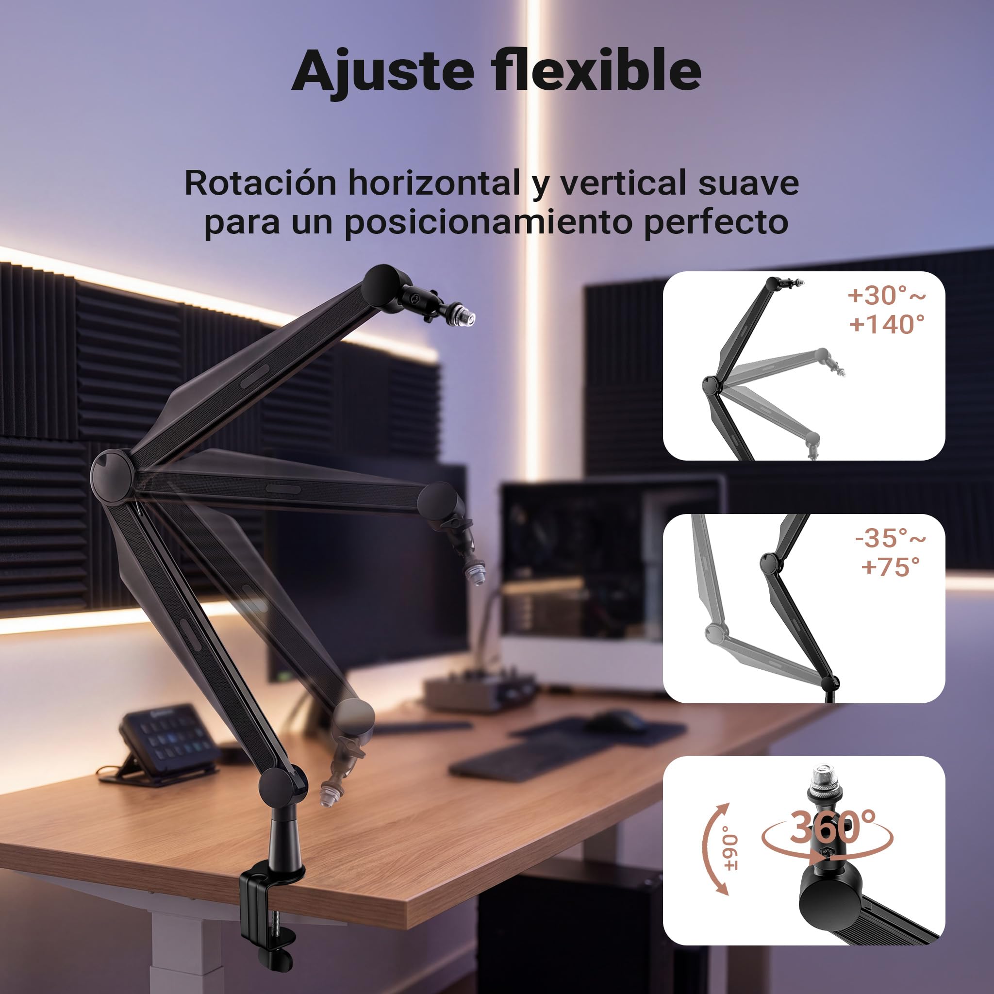 Wiltec Brazo de micrófono 80 cm soporte conexión 3/8" y 5/8" extensible mesa gaming podcast flexible