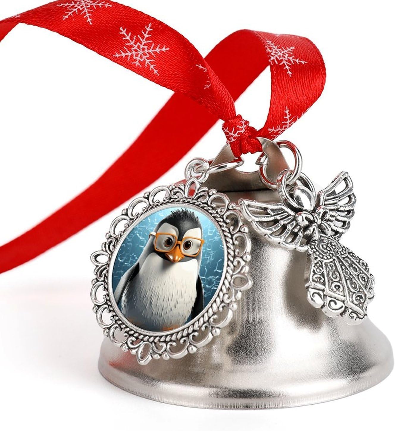 Penguin with Glasses Christmas Bells Ornaments Tree Jingle Bells Decors Xmas Silver Bell Hanging Decoration Pendants for Weddings Parties Christmas Wreaths