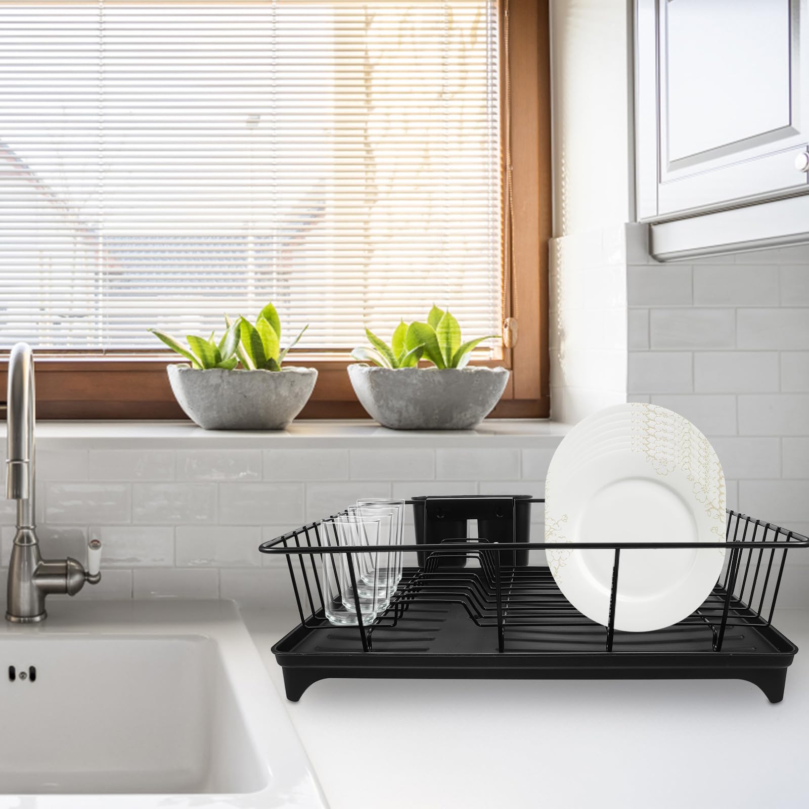 PATKAW Escurridor Drenaje Automático de Gran Capacidad Soporte Platos de Negro para y para Mantener Seca y Organizada Cubiertos en Encimera Cocina