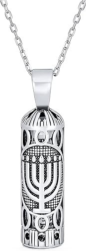 Bling Jewelry Hanukkah Magen Judaic Hamsa Hand, Estrella de David Magen, colgante de mezuzá con pergamino, collar de menorá de Cabalá para bar, bat
