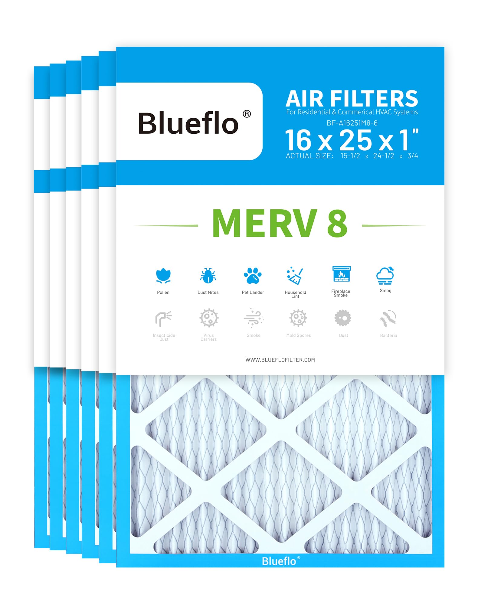 View 1 of 16x25x1 Air Filter MERV 8 (6 Pack) Electrostatic Pleated HVAC AC Furnace Filters Replacement