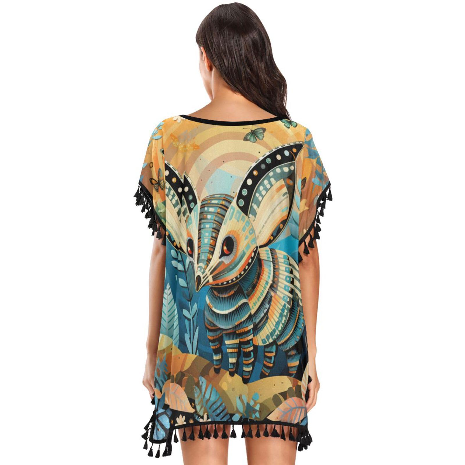 Forest Animal Cute Armadillo Women's Beach Cover Up Chiffon Tassel Swimwear Swimsuit Coverups for Girl