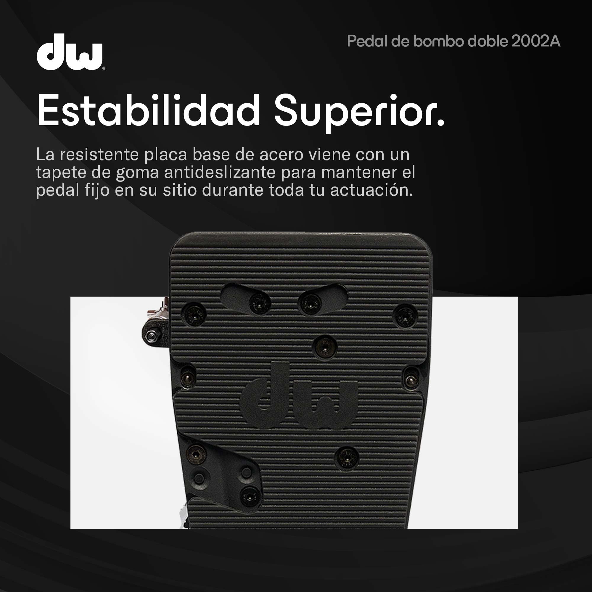DW 2002A | Pedal de doble bombo serie 2000 | Perfecto para baterías de cualquier nivel | Robusta estructura íntegra de metal con sistema de transmisión Accelerator de cadena simple