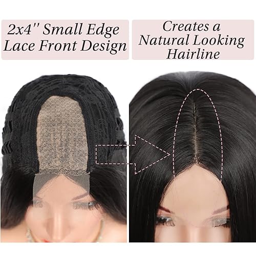 Miniatura 4 de Kalyss Peluca de encaje frontal con borde sintético de 26 pulgadas para mujer, con reflejos negros y marrones, raya media con raíces oscuras,