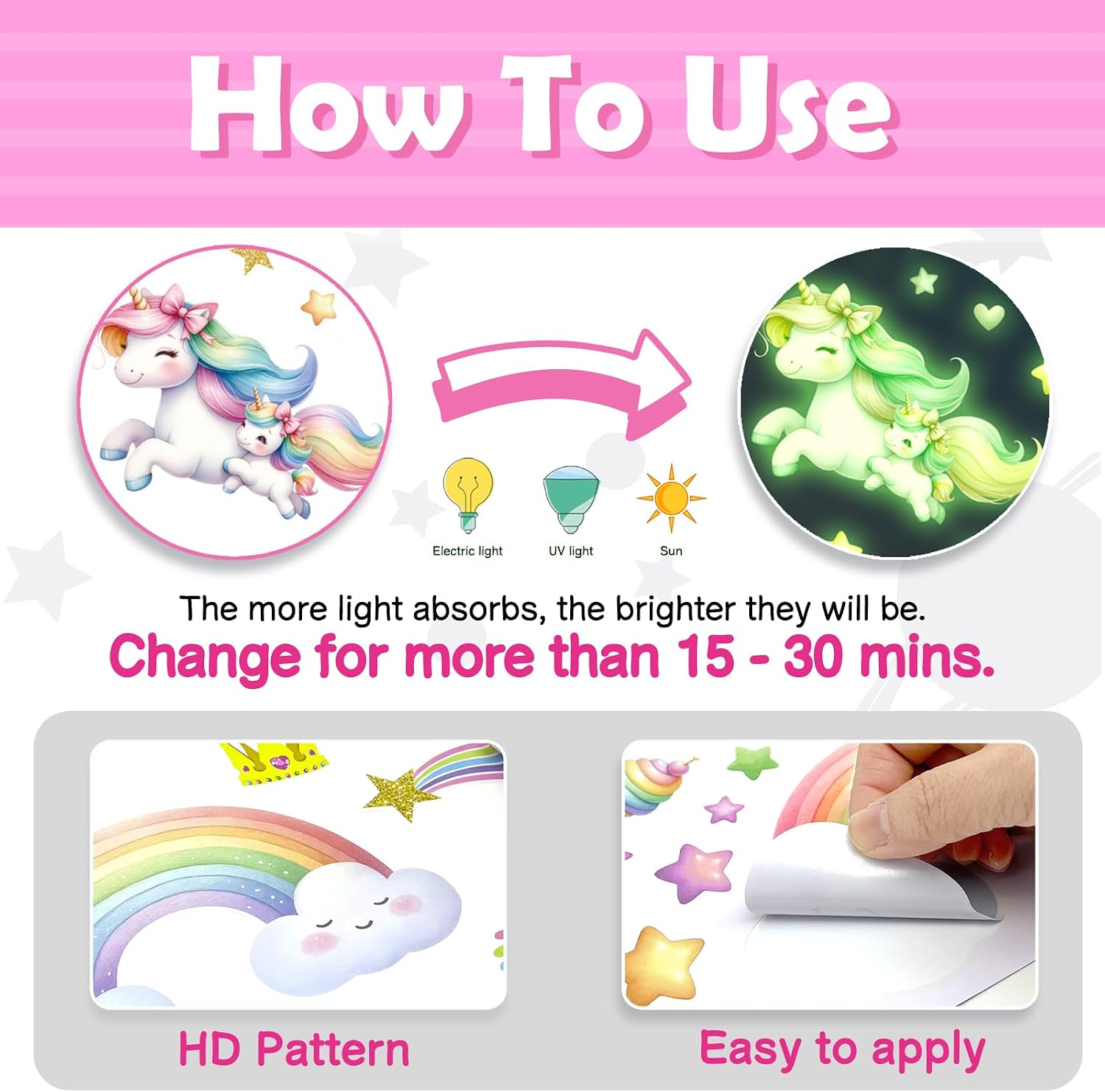 DECOWALL Glow in the Dark Unicorn Wall Stickers for Girls – Magical Unicorn Rainbow Stars Wall Decals for Kids Nursery Bedroom Decor, Glow Wall Art (GDS4-8089)